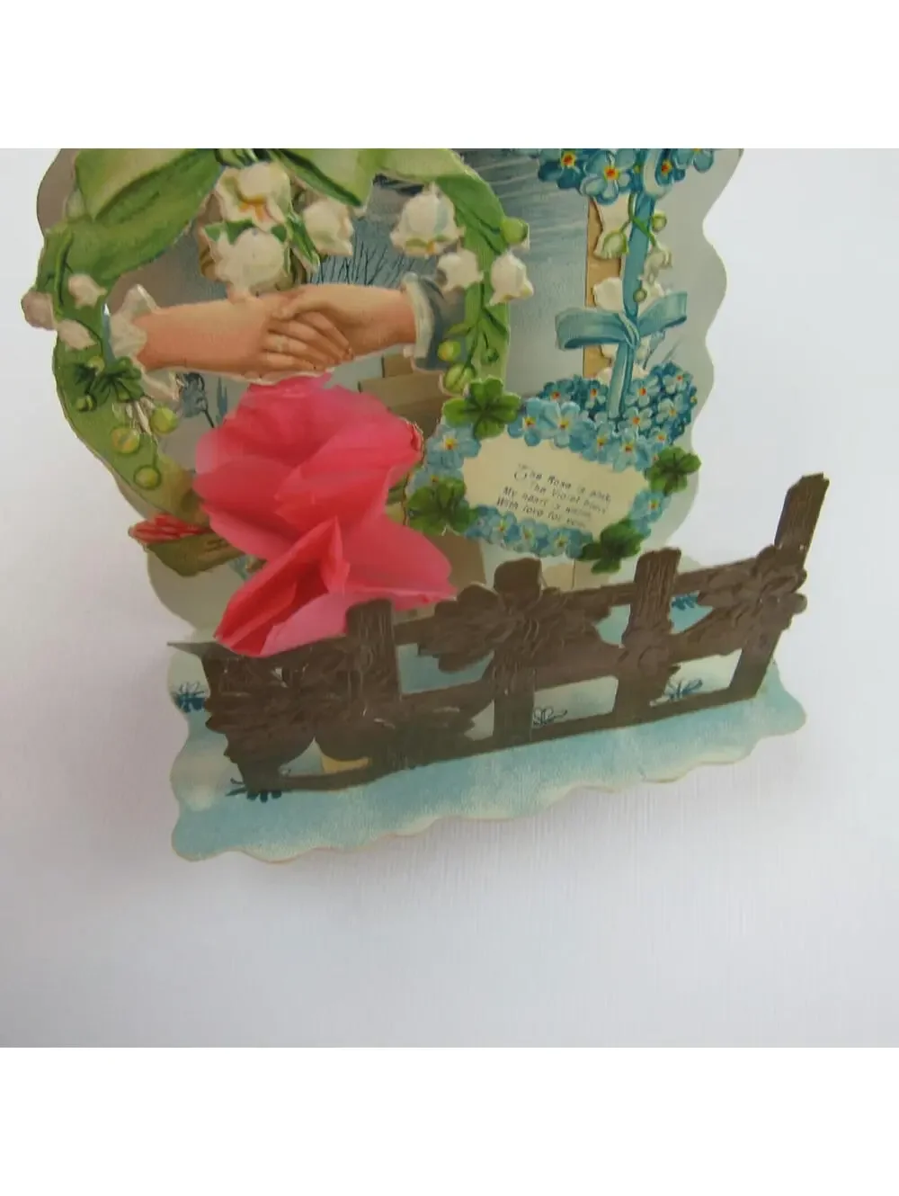 Antique Valentine Honeycomb 3D Pop Up Blue Heart Gold Stars Flowers Fence Hands